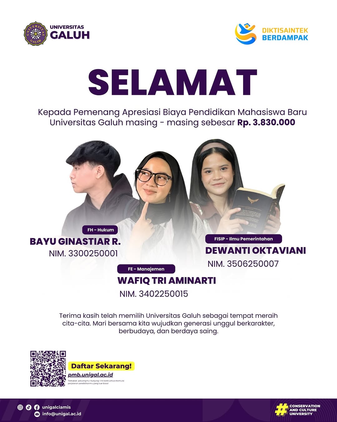 Pemenang Apresiasi Biaya Pendidikan Mahasiswa Baru Universitas Galuh